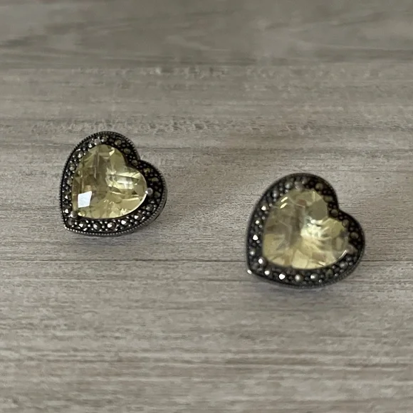 Heart-Shaped Lemon Citrine and Marcasite Sterling Silver Stud Earrings - Picture 5 of 7